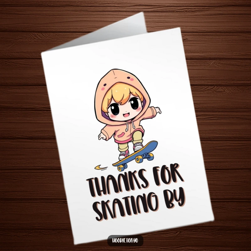 Funny Free Printable Thank You Card: a happy character in a bright hoodie skates with focused intensity.