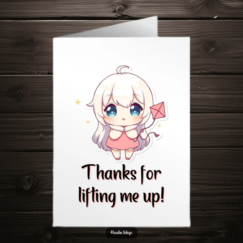 Funny free printable thank you card with a character holding a sparkling eyed, tiny whimsical kite, representing thanks taking flight.