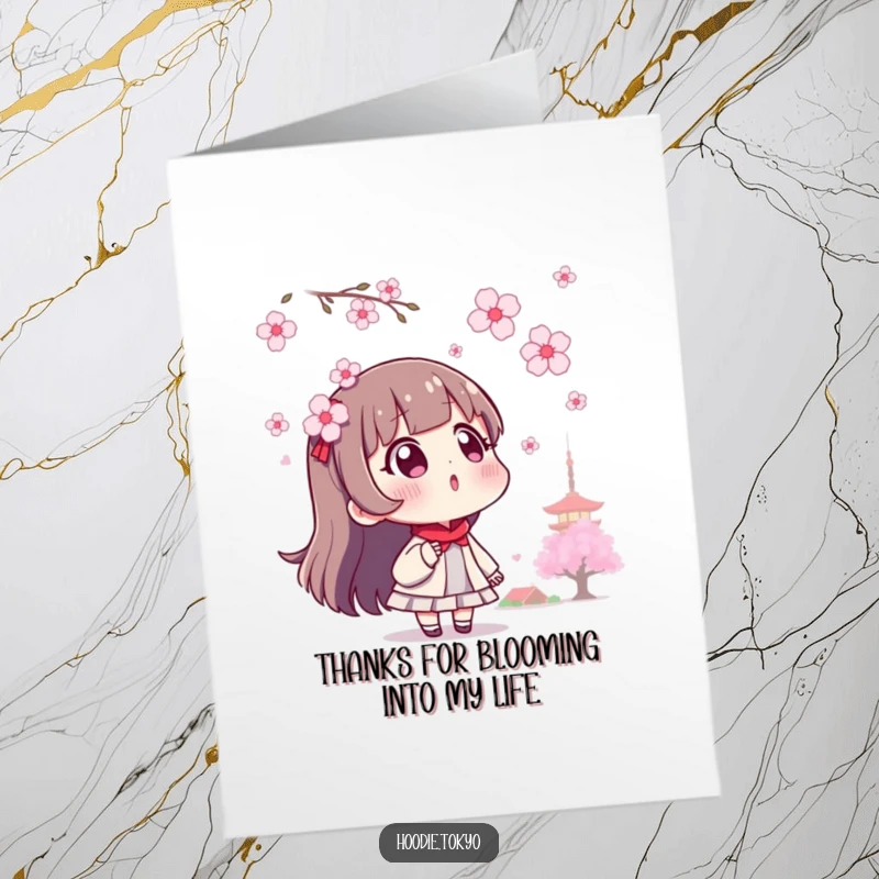 Funny Free Printable Thank You Card: Surprised Tokyo character looks up at gentle cherry blossoms, a sweet gesture of thanks.