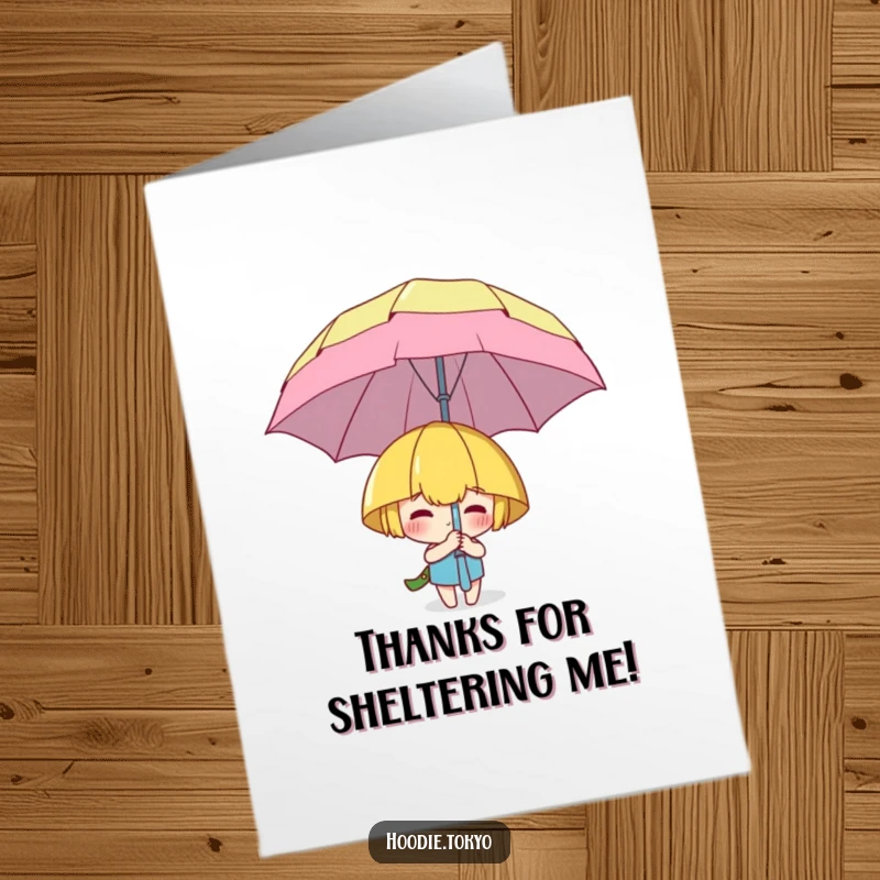Funny Free Printable Thank You Card: A character is playfully hiding behind a huge, cartoonish umbrella, peeking out.