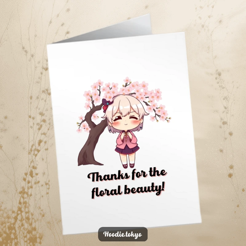 Funny Free Printable Thank You Card: Character posing dramatically with a massive blush in front of a blooming cherry tree.