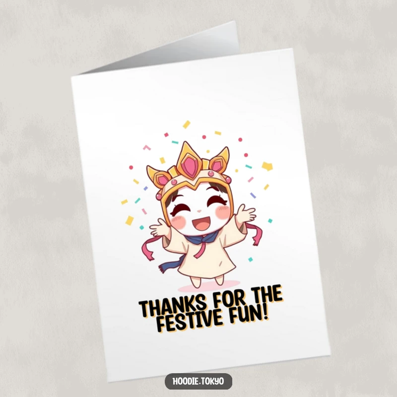 Funny Free Printable Thank You Card: Character in a festive mask joyfully throwing confetti high into the air.