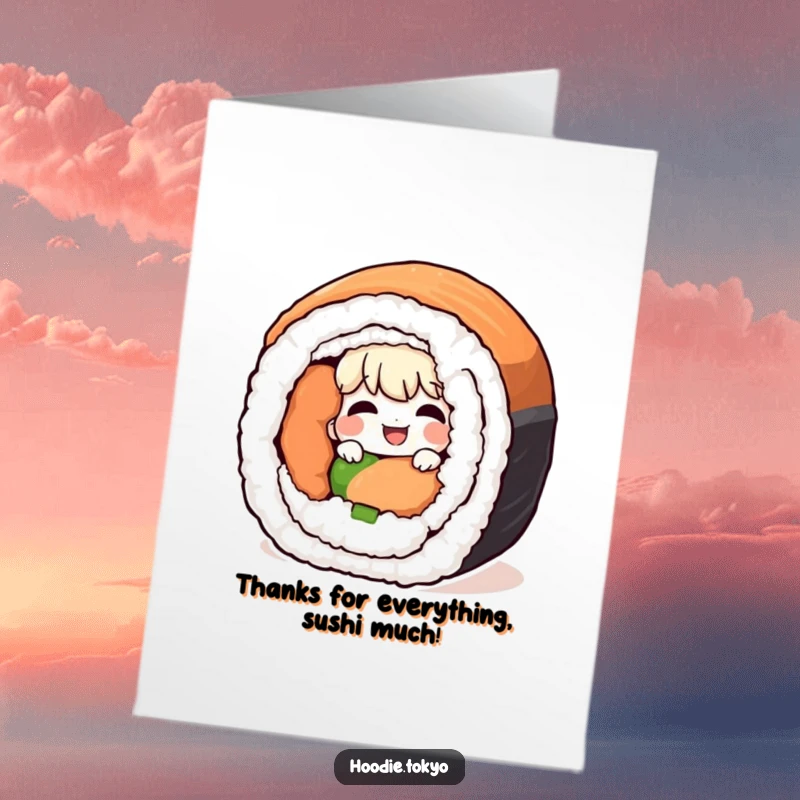 Funny Free Printable Thank You Card: Giggling character peeking from behind a giant sushi roll, a humorous and unique way to express thanks.