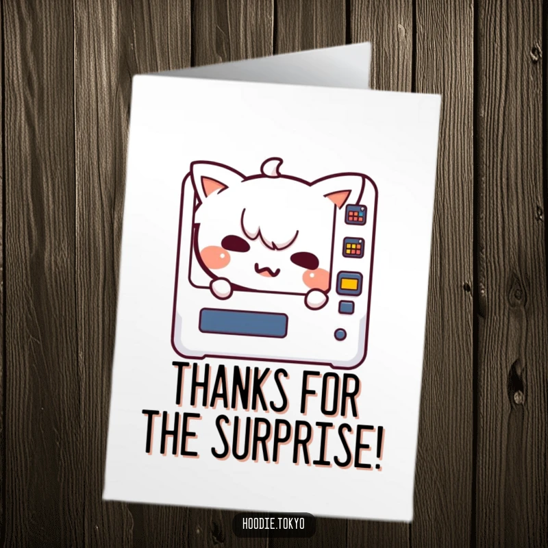 Funny Free Printable Thank You Card: A Kawaii character with a mischievous grin peeking slyly from behind a vending machine.