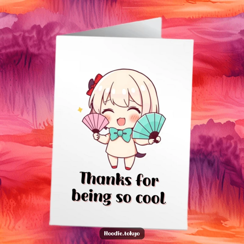 Funny Free Printable Thank You Card: Character wearing a bow tie enthusiastically waves a fan, conveying thanks stylishly.