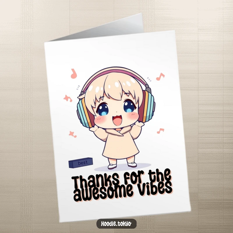 Funny Free Printable Thank You Card: Character with oversized headphones bops to music, conveying thanks with a happy vibe.