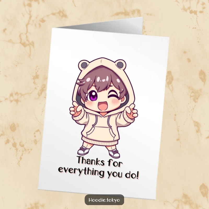 Funny Free Printable Thank You Card: Cute character in a fashionable hoodie striking a dramatic, excited pose to show appreciation.