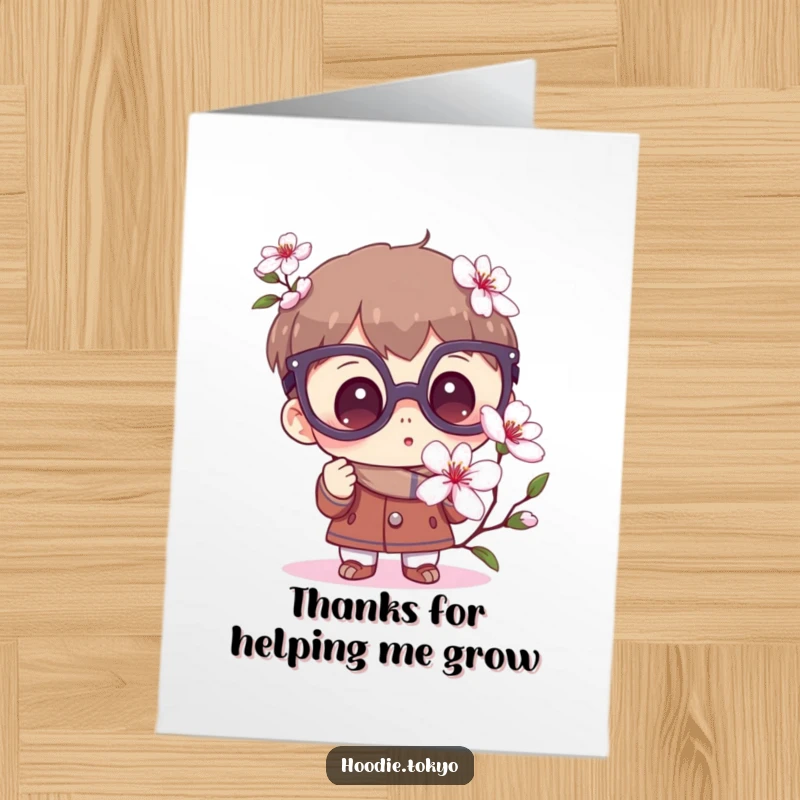 Funny Free Printable Thank You Card featuring a curious character in oversized glasses, admiring a sakura blossom.