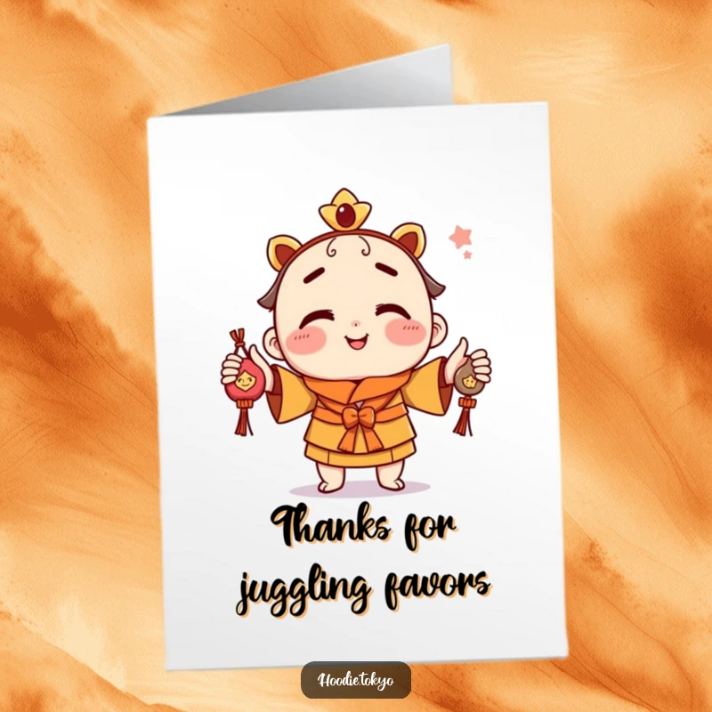 Free Printable Thank You Card: A character with a cheeky grin juggles omamori charms, offering thanks with a playful spirit.