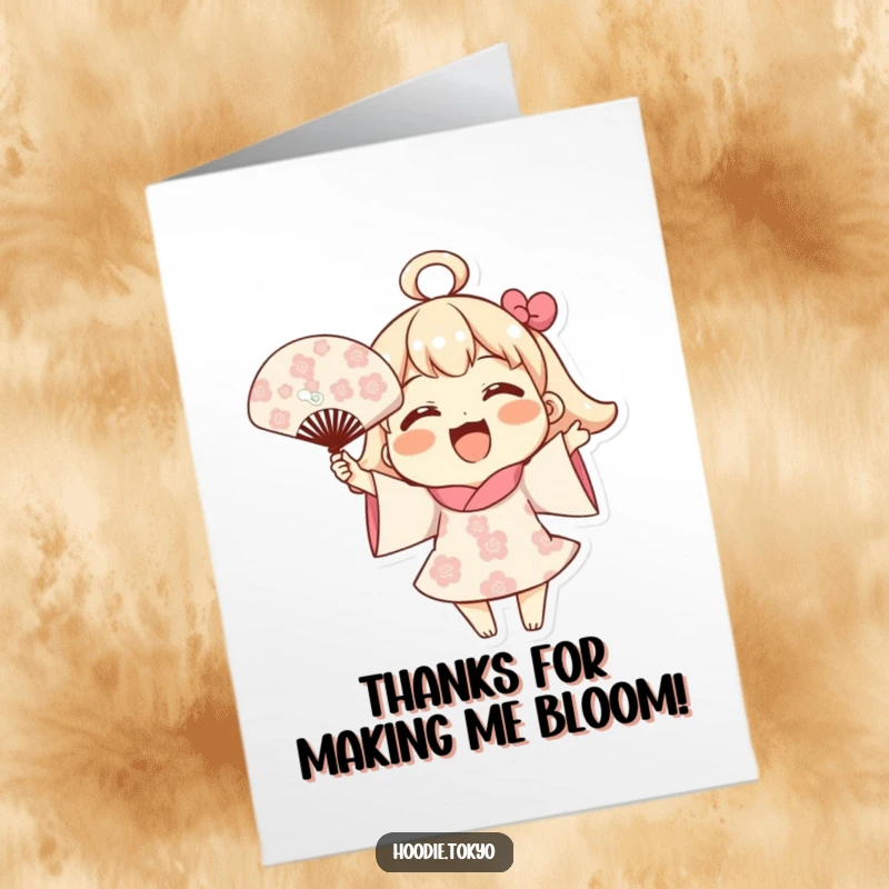 Funny Free Printable Thank You Card: Joyful Character Waving Blooming Pattern Fan, Expressing Gratitude