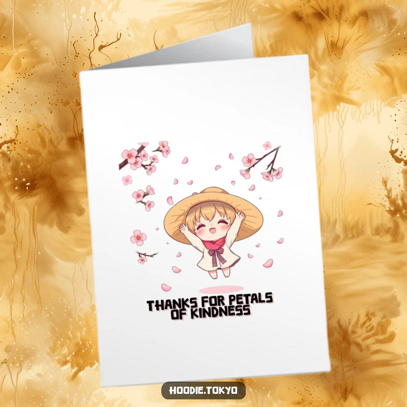 Funny Free Printable Thank You Card: A kawaii character joyfully catching falling cherry blossom petals, expressing thanks with charm.