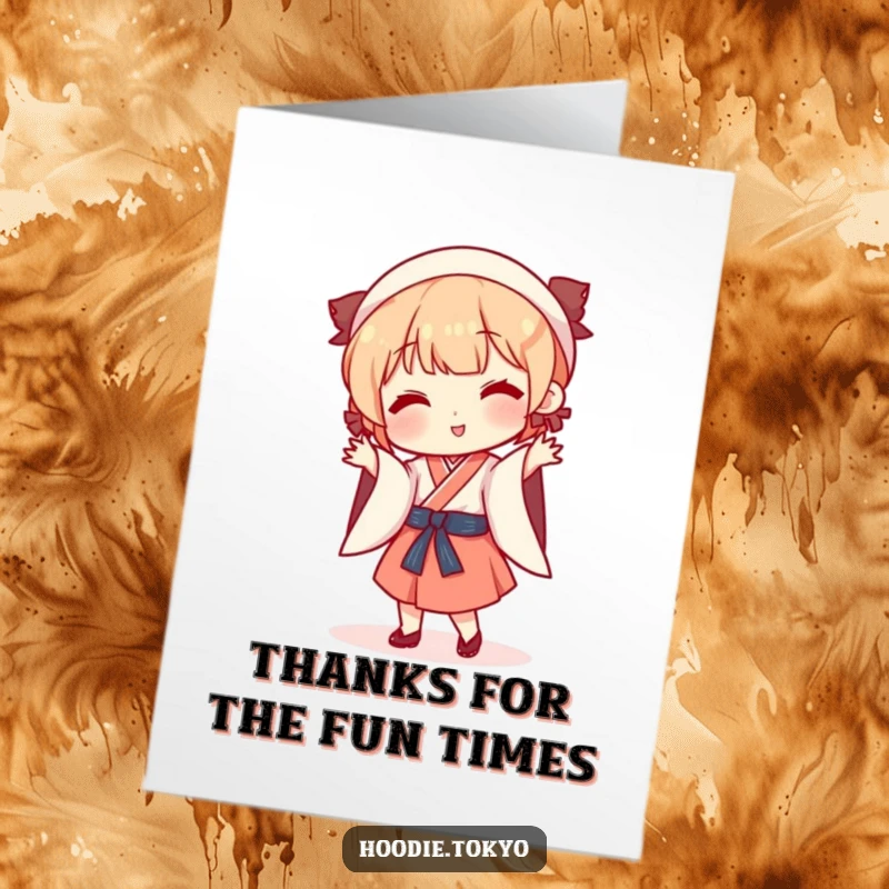 Funny Free Printable Thank You Card: Character in traditional Japanese clothing performing a funny, spontaneous dance to express gratitude.