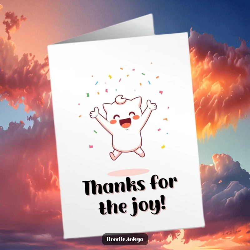 Funny Free Printable Thank You Card: Kawaii character jumps enthusiastically, scattering confetti to show thanks.