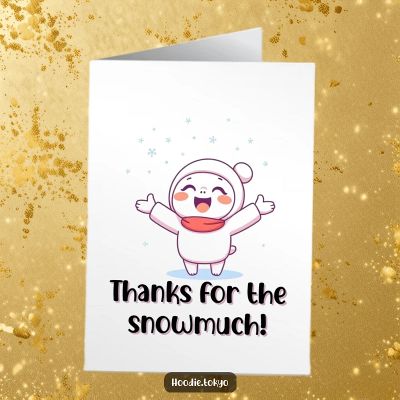 Funny Free Printable Thank You Card: A happy character catches snowflakes, sending frosty thanks.