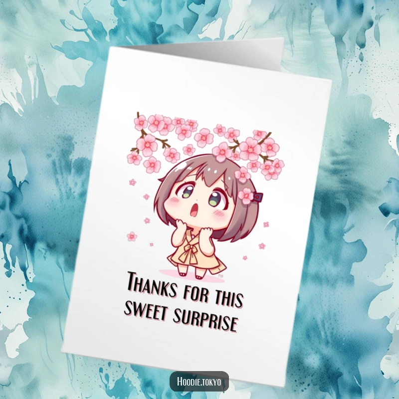 Funny Free Printable Thank You Card: Tokyo character looking up with mild surprise at a beautiful display of falling cherry blossoms.