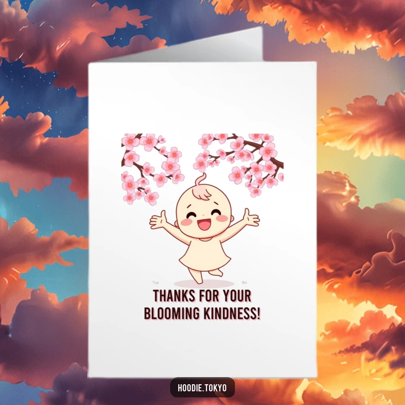Funny Free Printable Thank You Card: Character happily dancing under blossoms, arms outstretched in gratitude, download now.