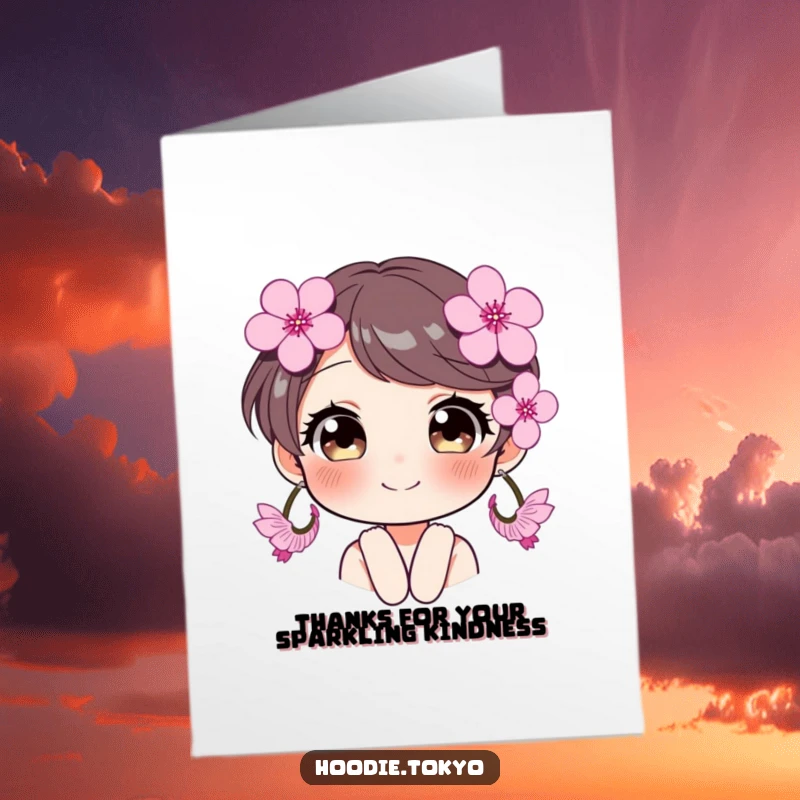 Funny Free Printable Thank You Card: Smiling character with oversized cherry blossom earrings, sparkling eyes, conveying sincere thanks, print at home.