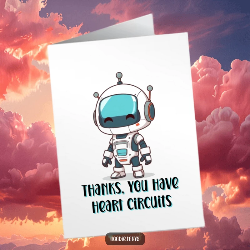 Funny free printable thank you card: a robot character doing a funny, unbalanced wobble.