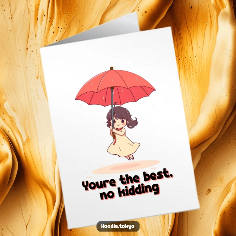 Funny Free Printable Thank You Card: Character dances happily with a red umbrella in a light rain, conveying thanks.