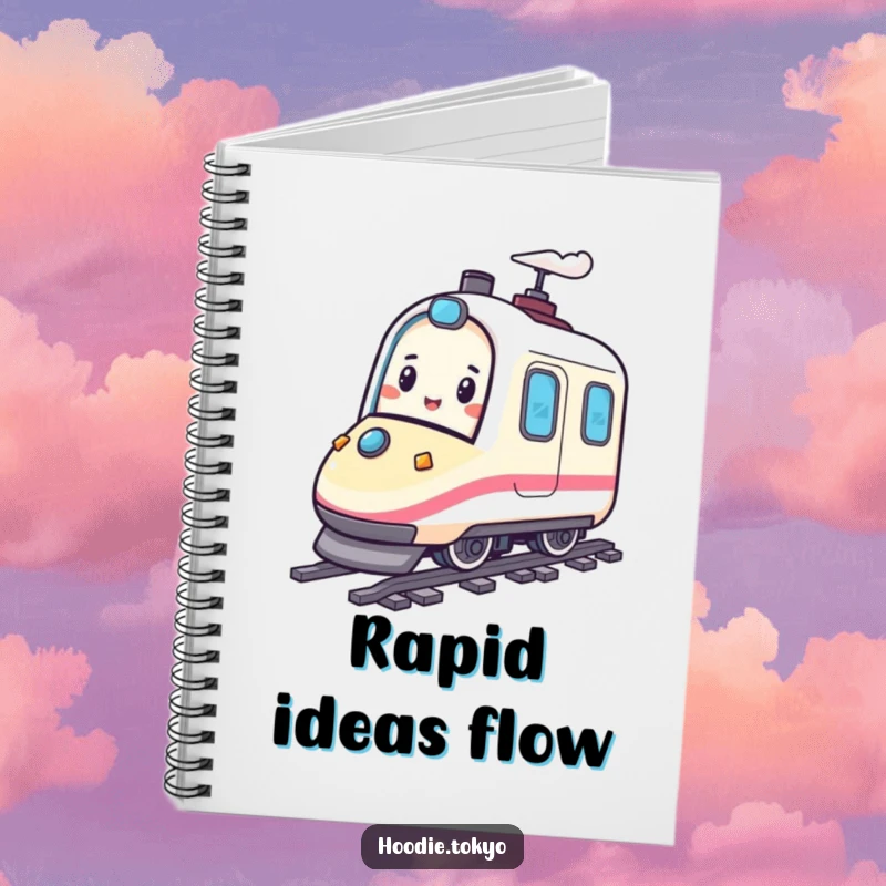 Funny notebook with a happy character playfully bouncing on a miniature bullet train, perfect for capturing fast ideas and notes.
