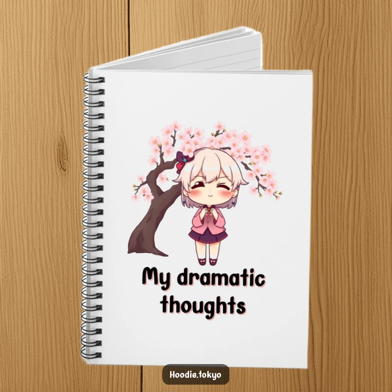 Funny character with exaggerated blush posing dramatically in front of a cherry blossom tree, a humorous notebook for creativity.