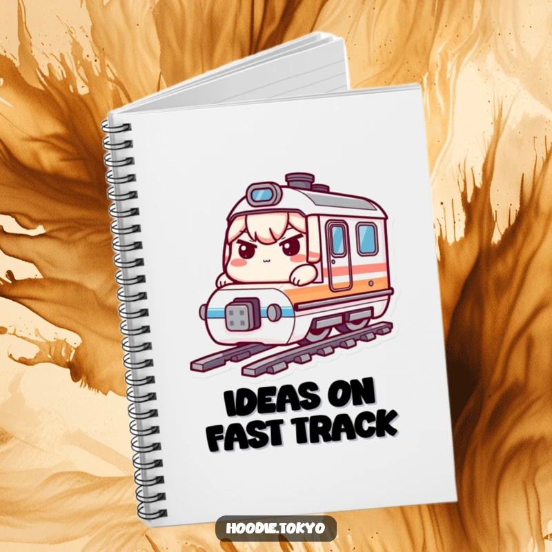 Funny bullet train kawaii notebook with a determined character on a tiny train, great funny gift.