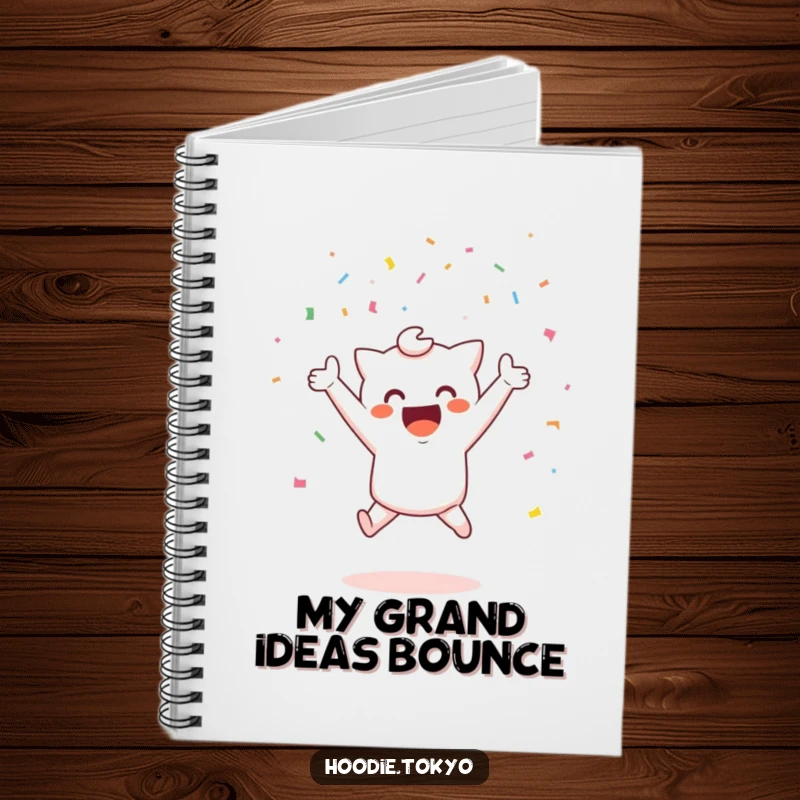 Funny celebration kawaii notebook with a cute character jumping with confetti, great funny gift.