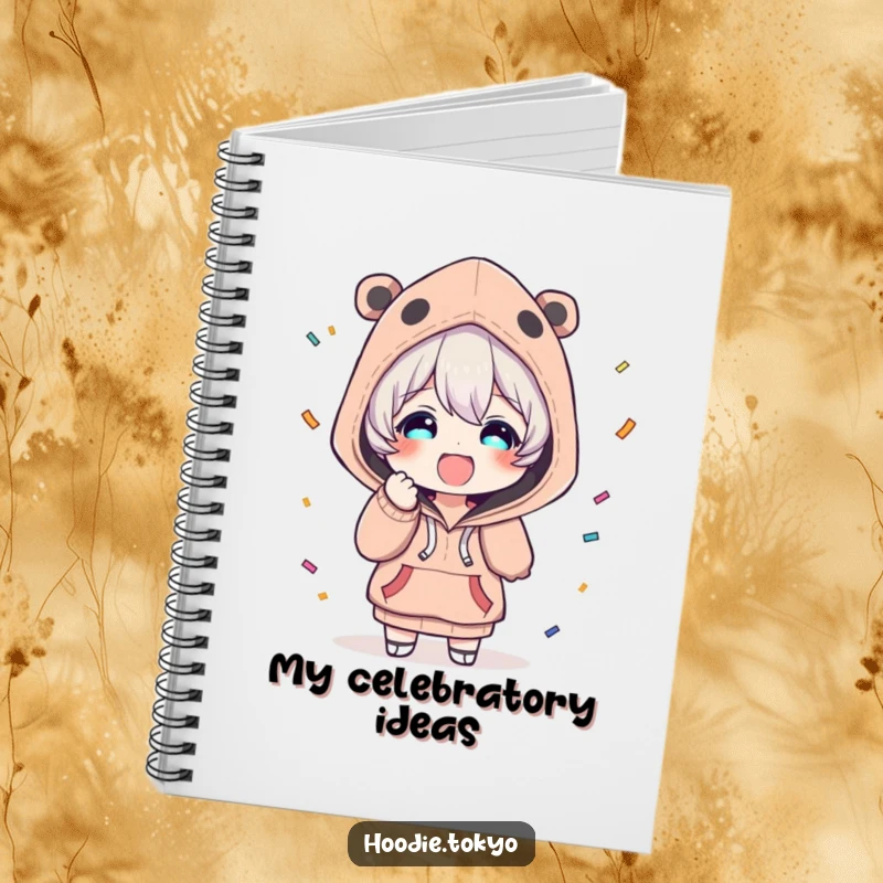 Funny notebook cover with a character in a unique hoodie, looking delighted while throwing a burst of confetti, ideal for writing.
