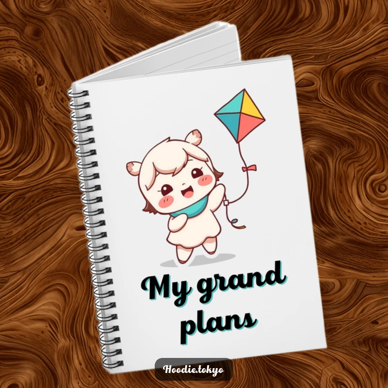 Funny kawaii character notebook with a cute character giggling while holding a colorful kite, perfect for notes and inspiration.