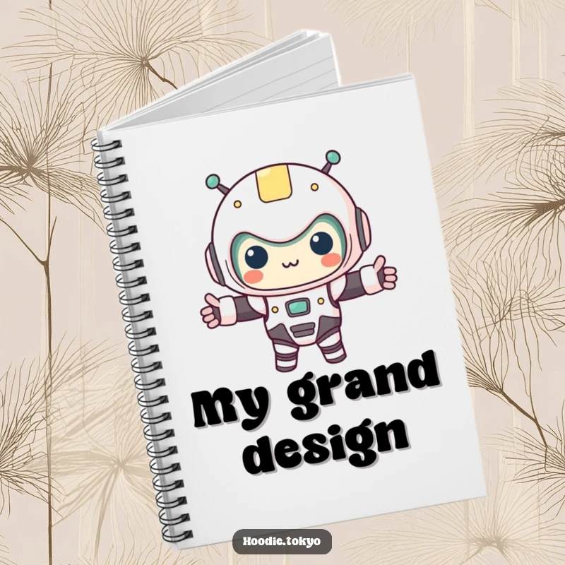 Funny kawaii character in a tiny robot costume, arms outstretched, on a notebook. Perfect for writing and doodling with humorous tech flair.