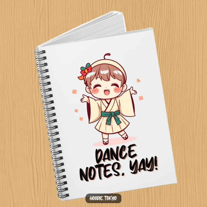 Funny playful Japanese character notebook cover, depicting a silly dance in traditional clothing.