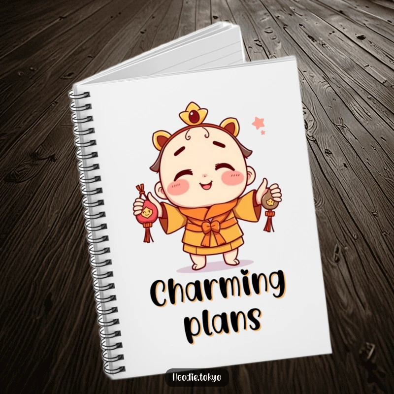 Funny notebook with a playful character juggling omamori charms, perfect for writing lucky thoughts and ideas.