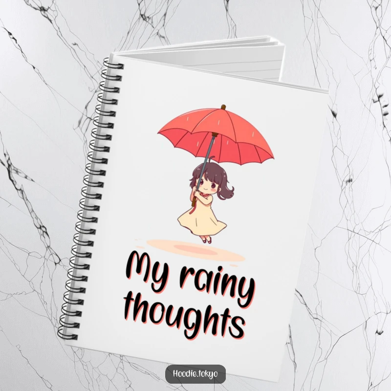 Funny Notebook: Character dances in a gentle rain shower under a red umbrella, ideal for capturing cheerful thoughts.