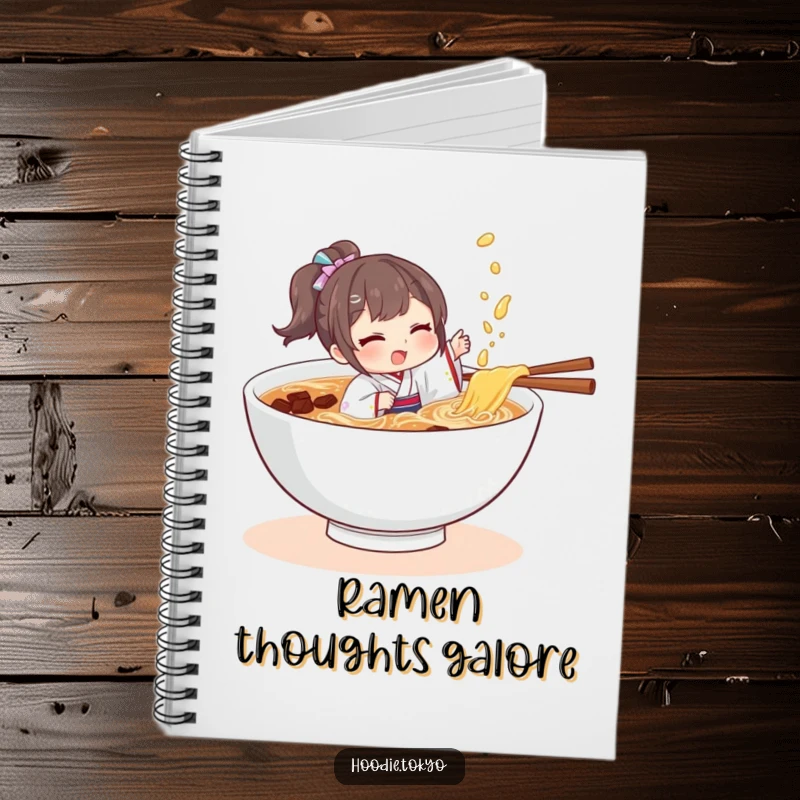 Funny character in a tiny kimono playfully splashing in a bowl of ramen, a humorous notebook for notes and creativity.