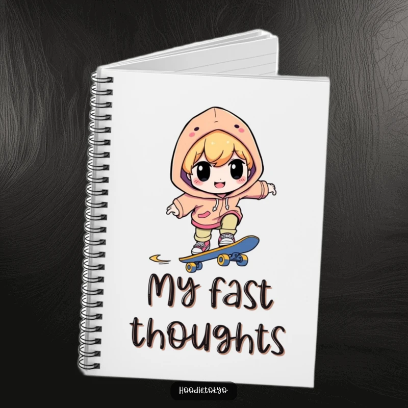 Funny notebook cover with a character in a bright hoodie, smiling with intense concentration while skateboarding, ideal for writing.