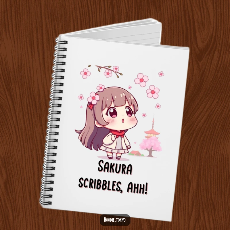 Funny surprised Tokyo character notebook cover, depicting awe at floating cherry blossoms.