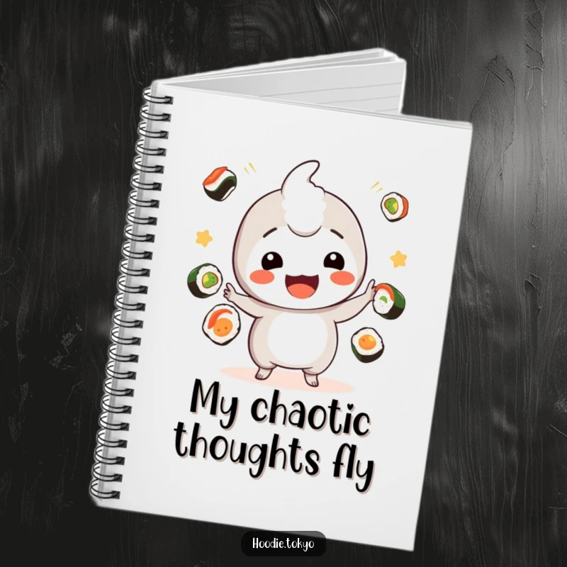 Funny sushi kawaii notebook with a playful character juggling sushi, great funny gift.