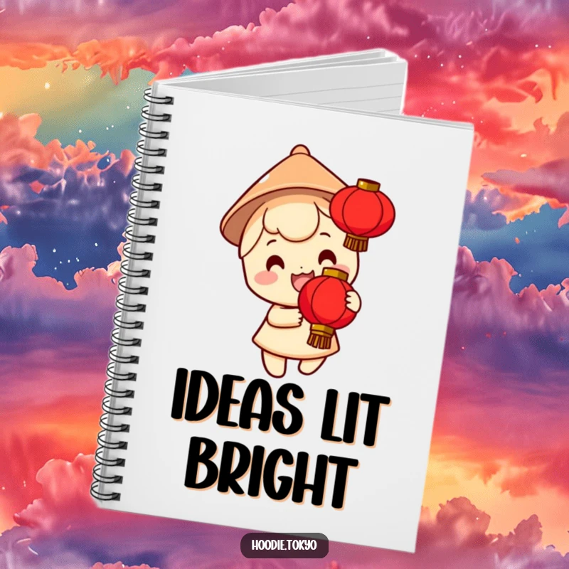 Funny notebook with a smiling character in a tiny conical hat holding a bright red lantern, perfect for capturing festive ideas and notes.