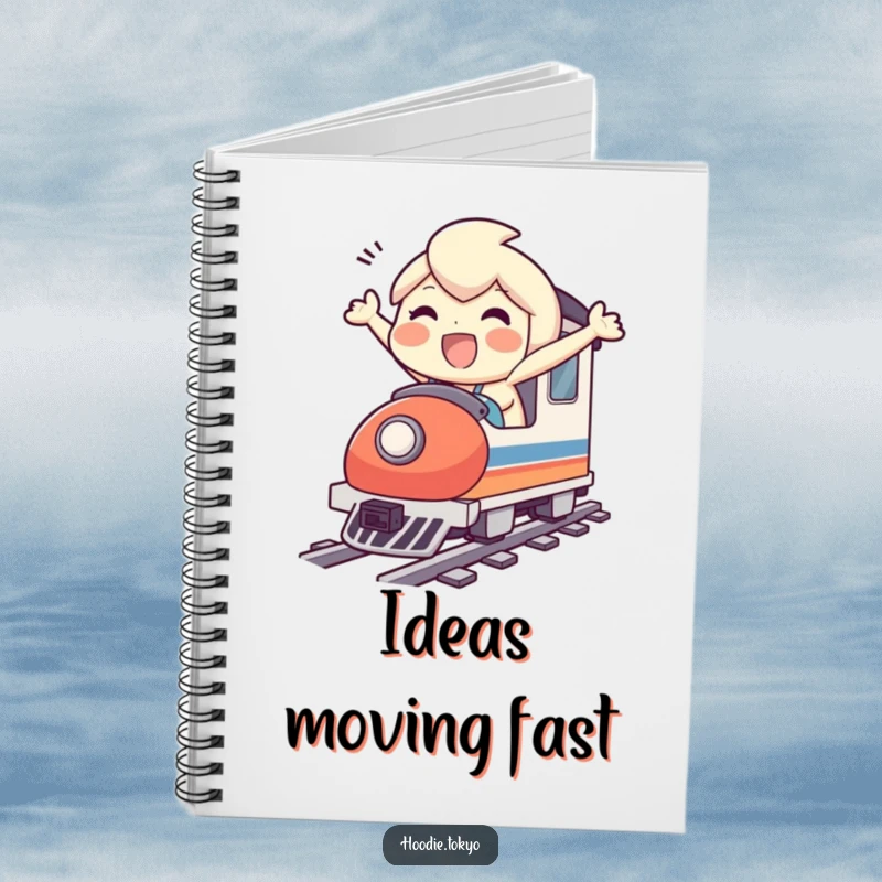 Funny notebook illustrated with a character's speedy bullet train ride, inspiring fun notes and creative doodles.