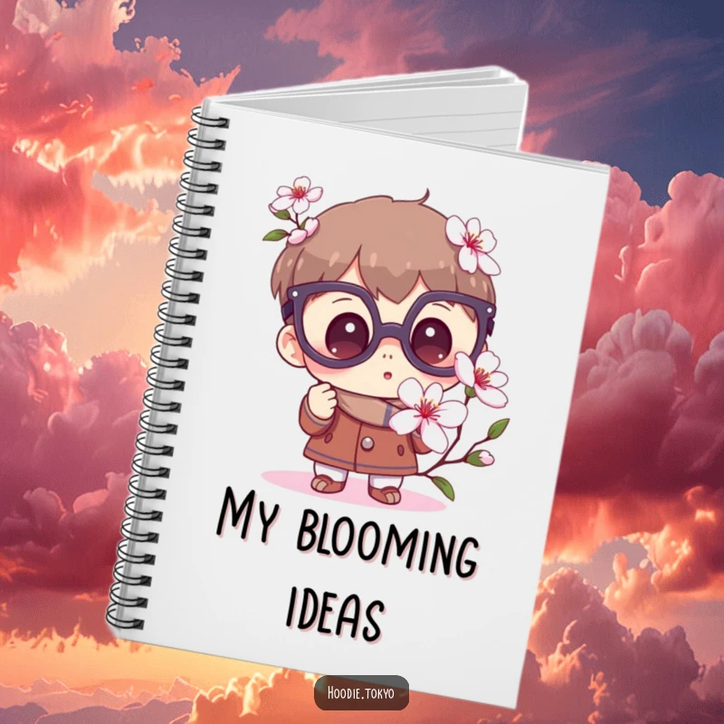 Funny Curious Notebook: A journal featuring a character with oversized glasses looking with wonder at a blooming sakura flower.