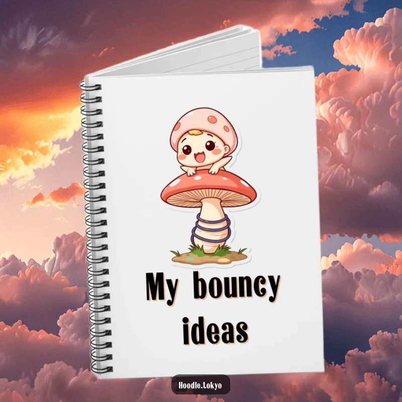 Funny notebook cover with a character joyfully bouncing on a large, springy mushroom, encouraging cheerful notes.