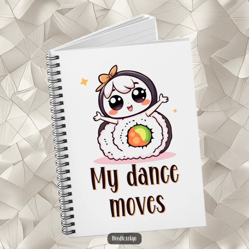 Funny kawaii character with big eyes doing a silly dance on a giant sushi roll, a humorous notebook for notes and creativity.