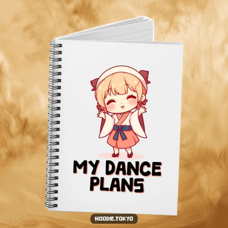 Funny playful character in traditional Japanese attire doing a silly dance, notebook for writing and creative expression.