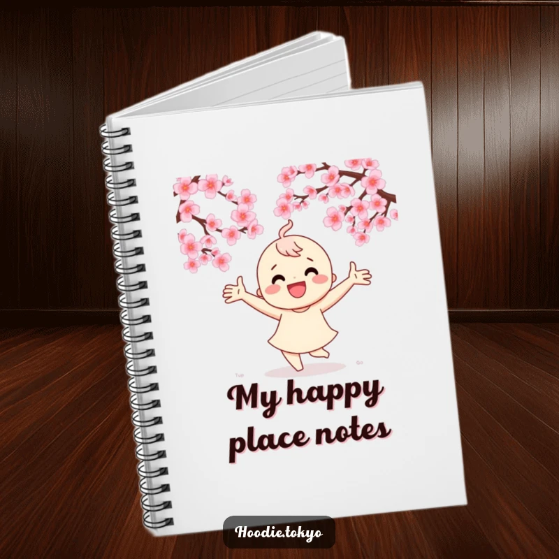 Funny notebook cover with a character happily dancing amidst cherry blossoms, inviting creative writing and ideas.