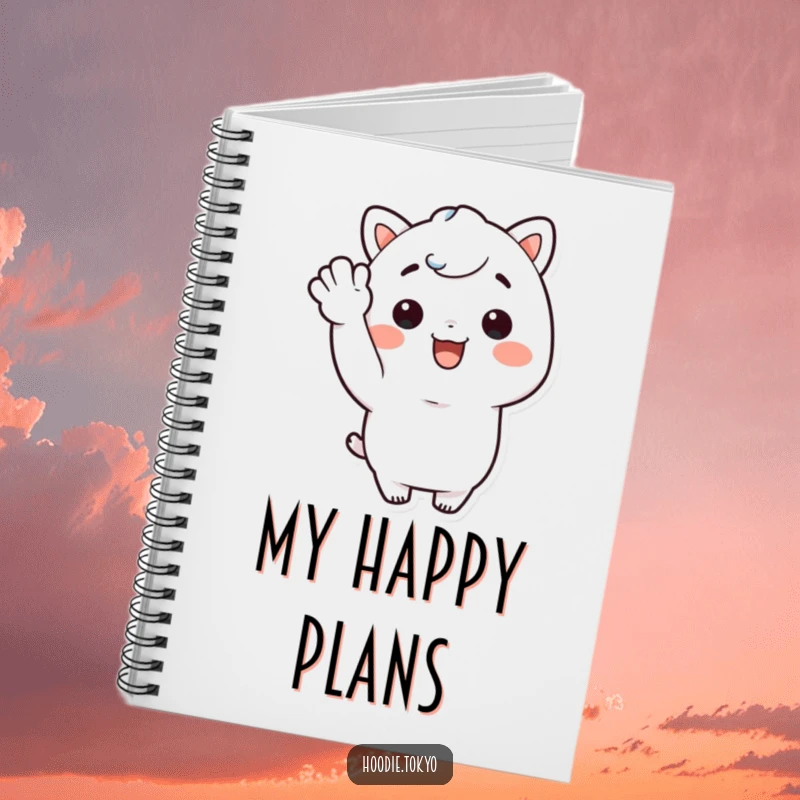 Funny Kawaii character with a big smile giving a cheerful wave on a notebook cover, inspiring happy and humorous ideas.
