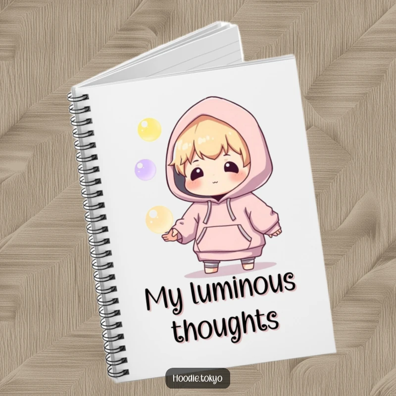 Funny notebook cover with a playful character in an oversized hoodie, juggling glowing orbs with focus, ideal for writing.