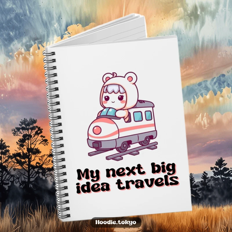 Funny Kawaii character riding a whimsical, miniature bullet train, inspiring creative thoughts in this humorous notebook.
