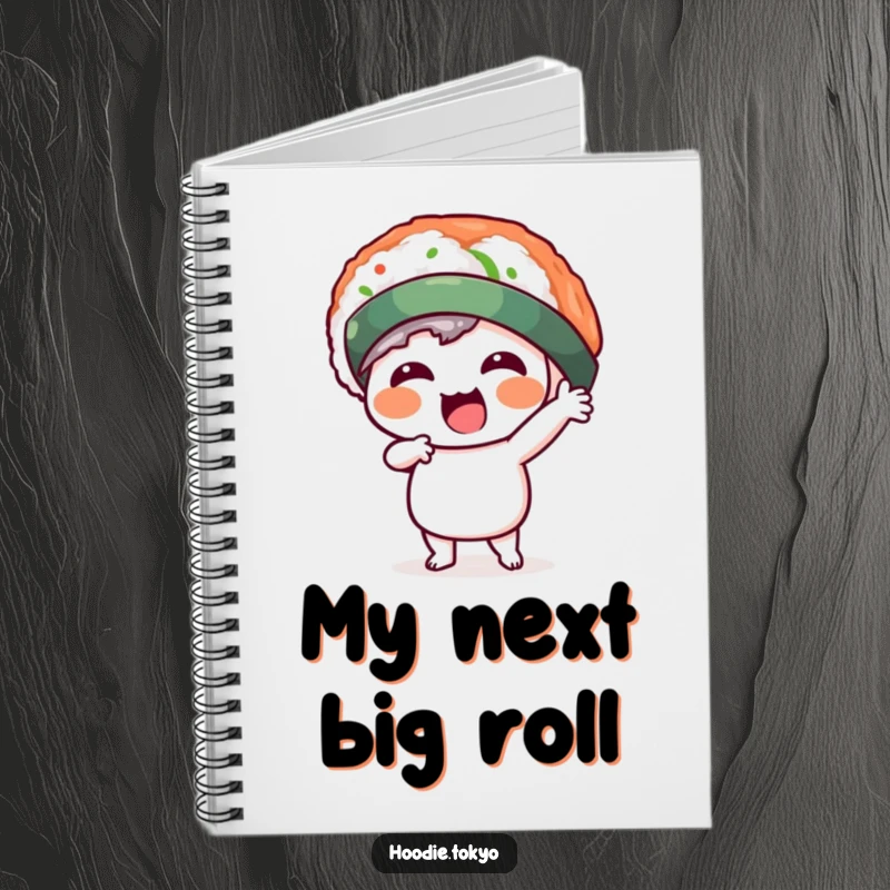 Funny kawaii character in a silly sushi hat, striking a dynamic pose on a notebook cover. Ideal for writing and doodling with humor.