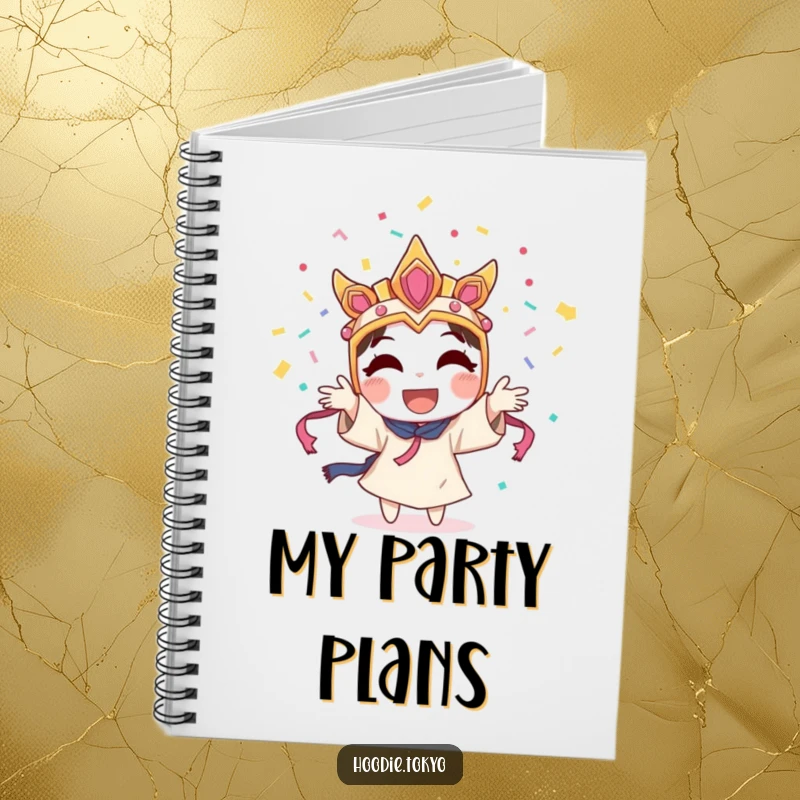Funny character wearing a festival mask, joyfully throwing confetti into the air, a humorous notebook for creativity.
