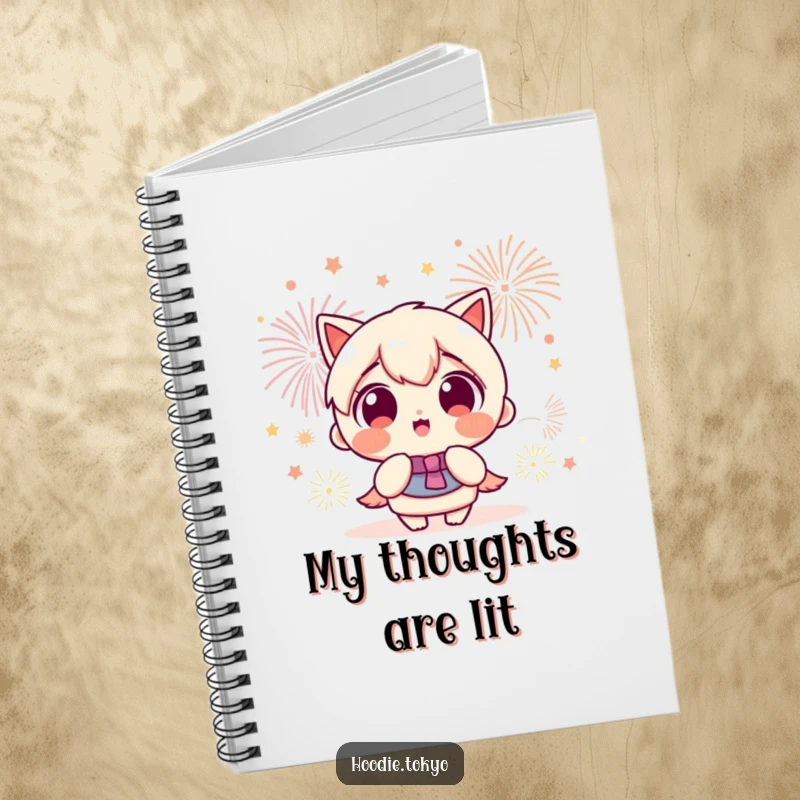 Funny Kawaii character with wide, excited eyes watching colorful fireworks, inspiring creativity in this humorous notebook.